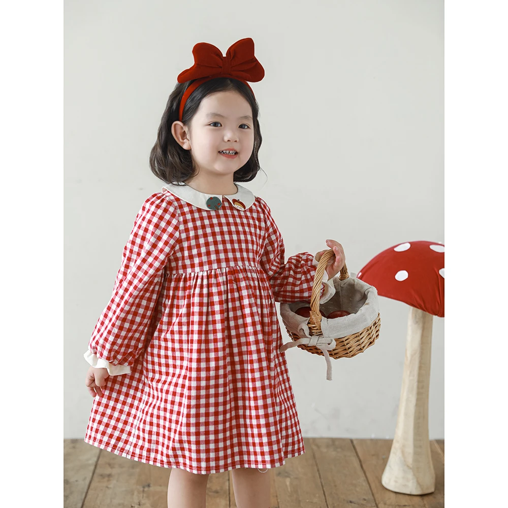 幼悠女童春季红色格子连衣裙洋气儿童翻领小女孩长袖裙子潮Q4051
