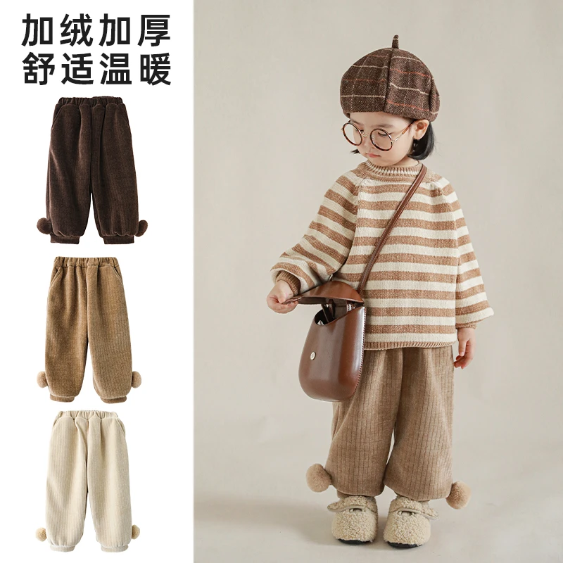 幼悠女童冬装新款加绒加厚毛球休闲裤儿童潮牌服装宝宝裤子D1938