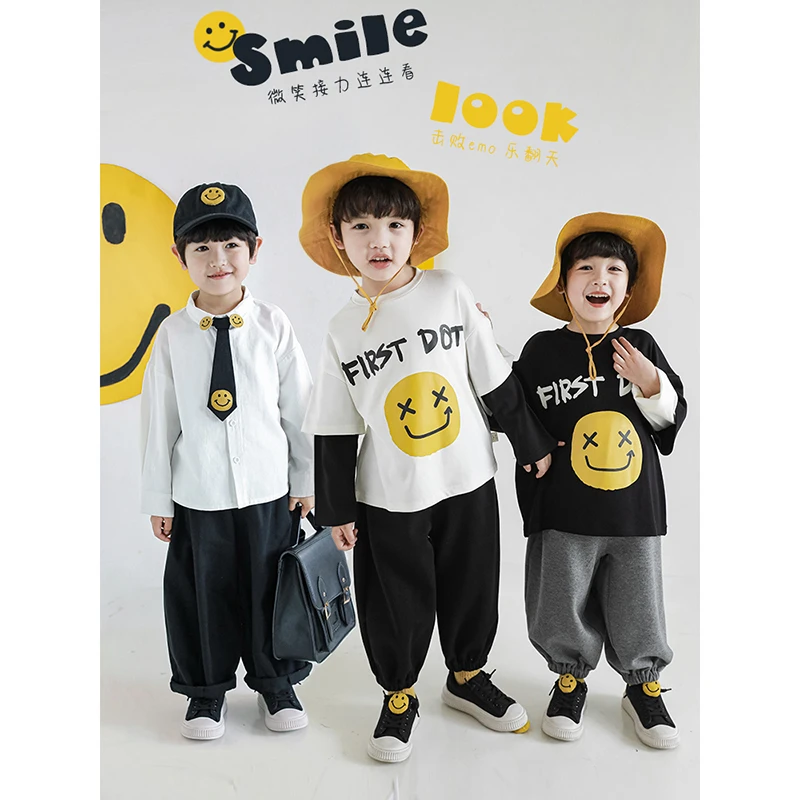 幼悠 儿童笑脸印花假两件拼接T恤男童绣标白衬衫针织裤套装秋装潮