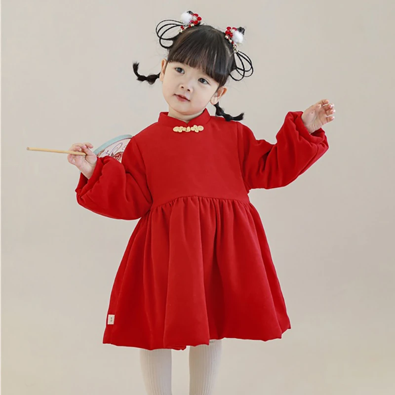 幼悠女童红色连衣裙洋气中国风儿童加厚喜庆裙子宝宝保暖潮D2053