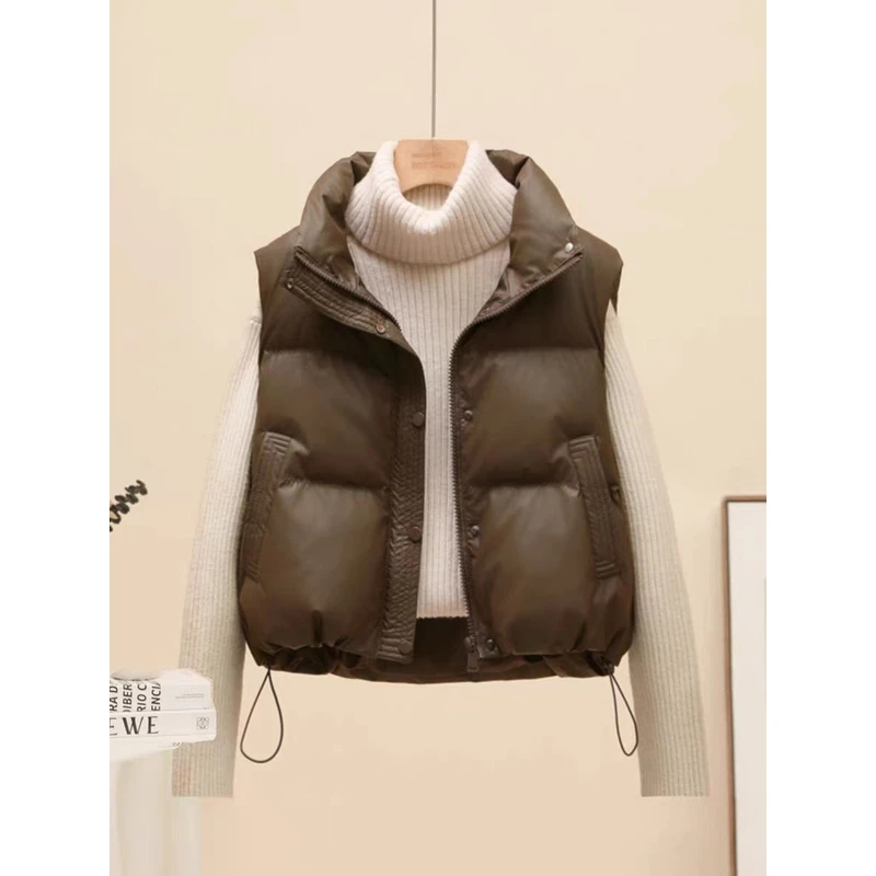 免洗PU皮棉服马甲女短款2025秋冬韩版立领小个子时尚背心坎肩外套