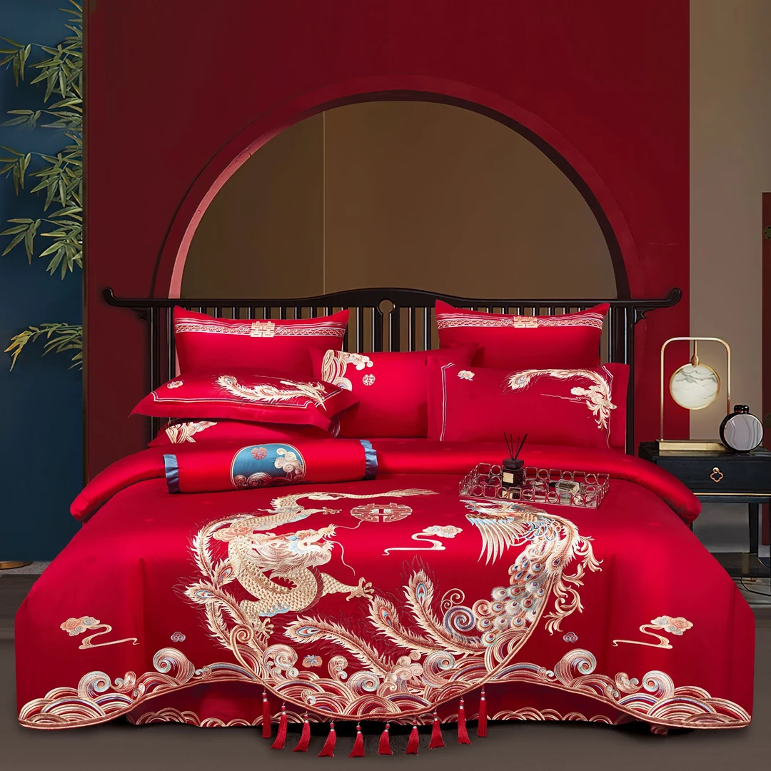 【龙凤如意】高端轻奢婚庆四件套结婚中式刺绣大红长绒棉大红色