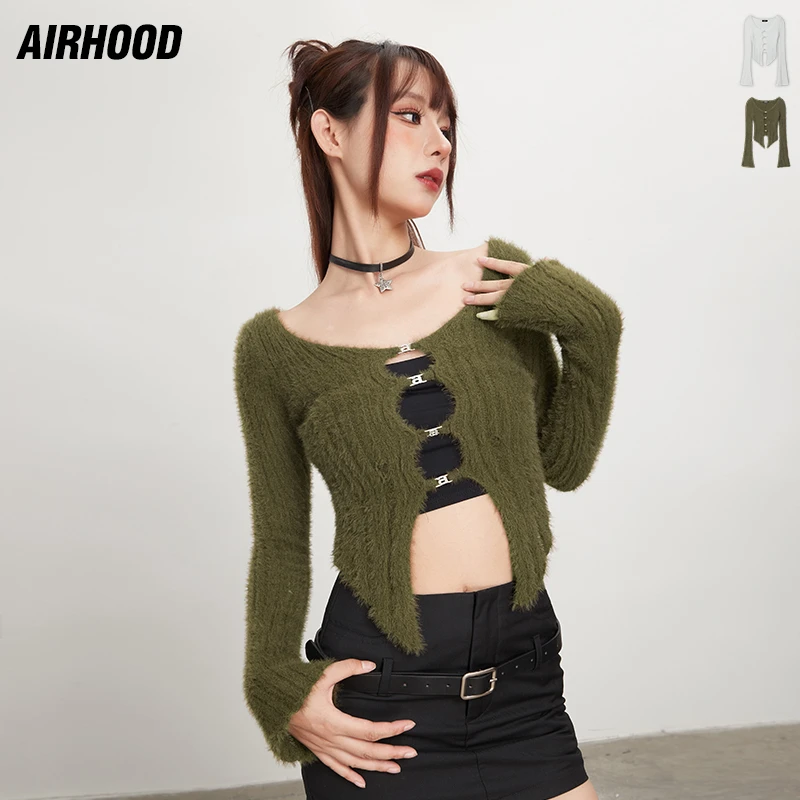 AIRHOOD新款毛茸茸仿貂绒设计针织短款chic纯欲开衫辣妹毛衣N3605