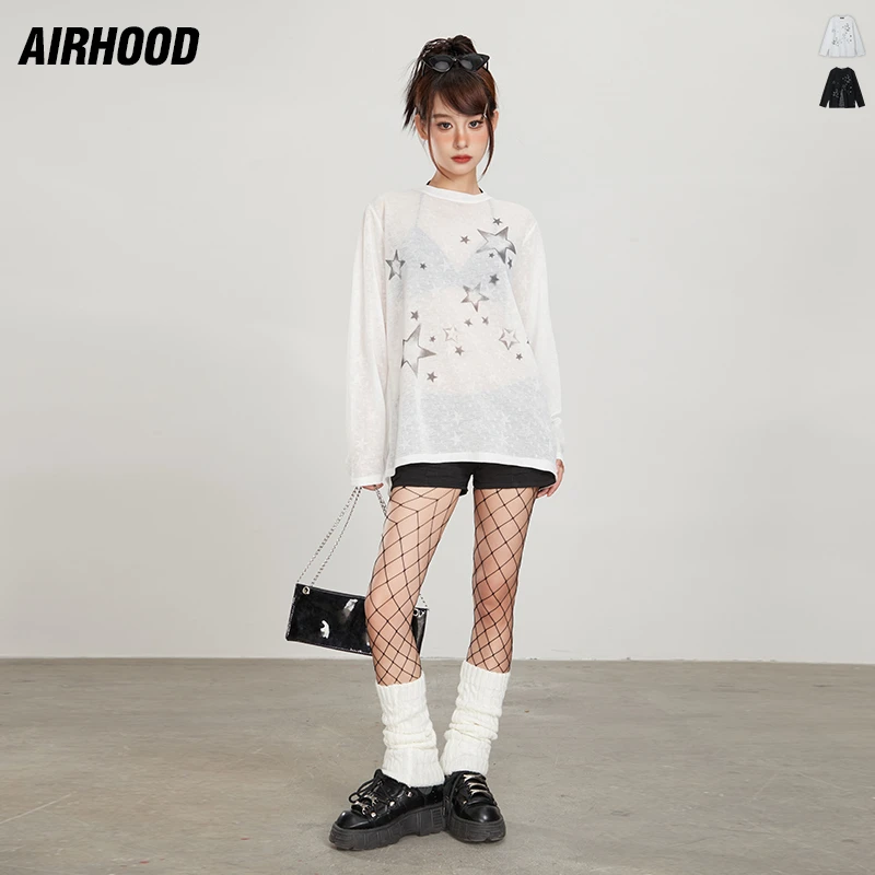 AIRHOOD 美式趣味星星印花长袖T恤夏季潮牌宽松休闲情侣上衣N3404