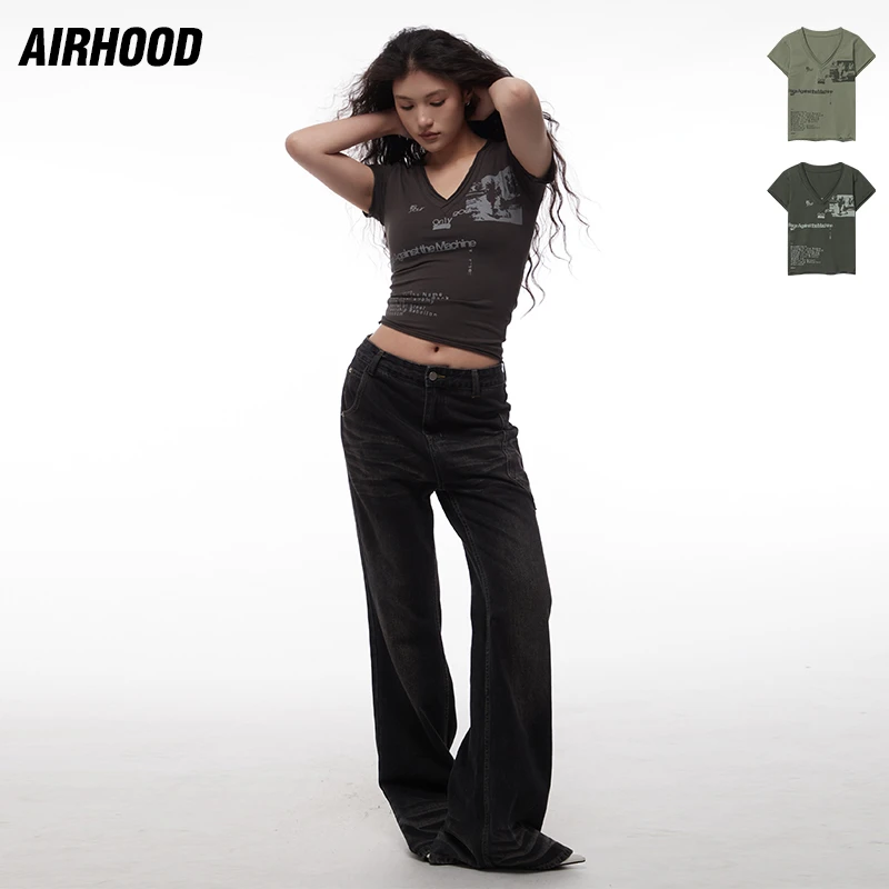 AIRHOOD 欧美复古印花V领短袖T恤女潮小众辣妹短款修身上衣N3091