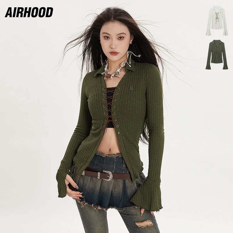 AIRHOOD春秋辣妹风设计感绑带修身显瘦polo领长袖短款衬衫女N4054