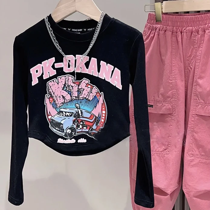 长袖女童宝宝T恤秋装新款韩版洋气黑色早秋印花儿童时髦打底衫潮