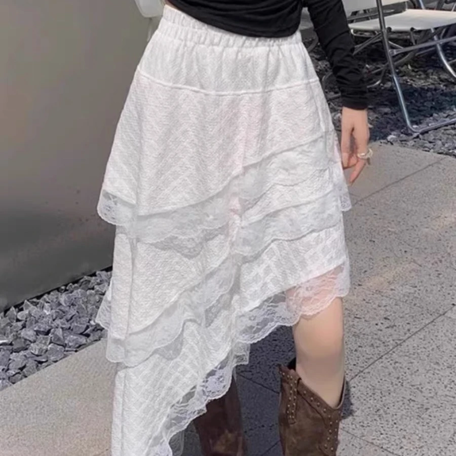 L.X~设计感不规则白色蕾丝边半身裙女小众高腰显瘦蛋糕裙裙子8102