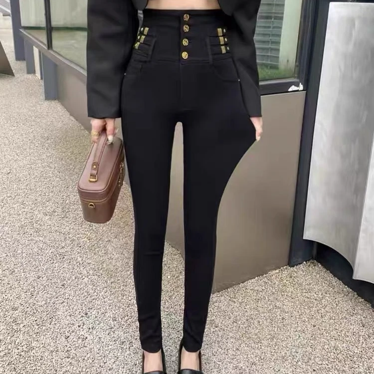 L.X~黑色显瘦打底外穿小黑裤秋季高腰弹力紧身铅笔小脚靴长裤8177