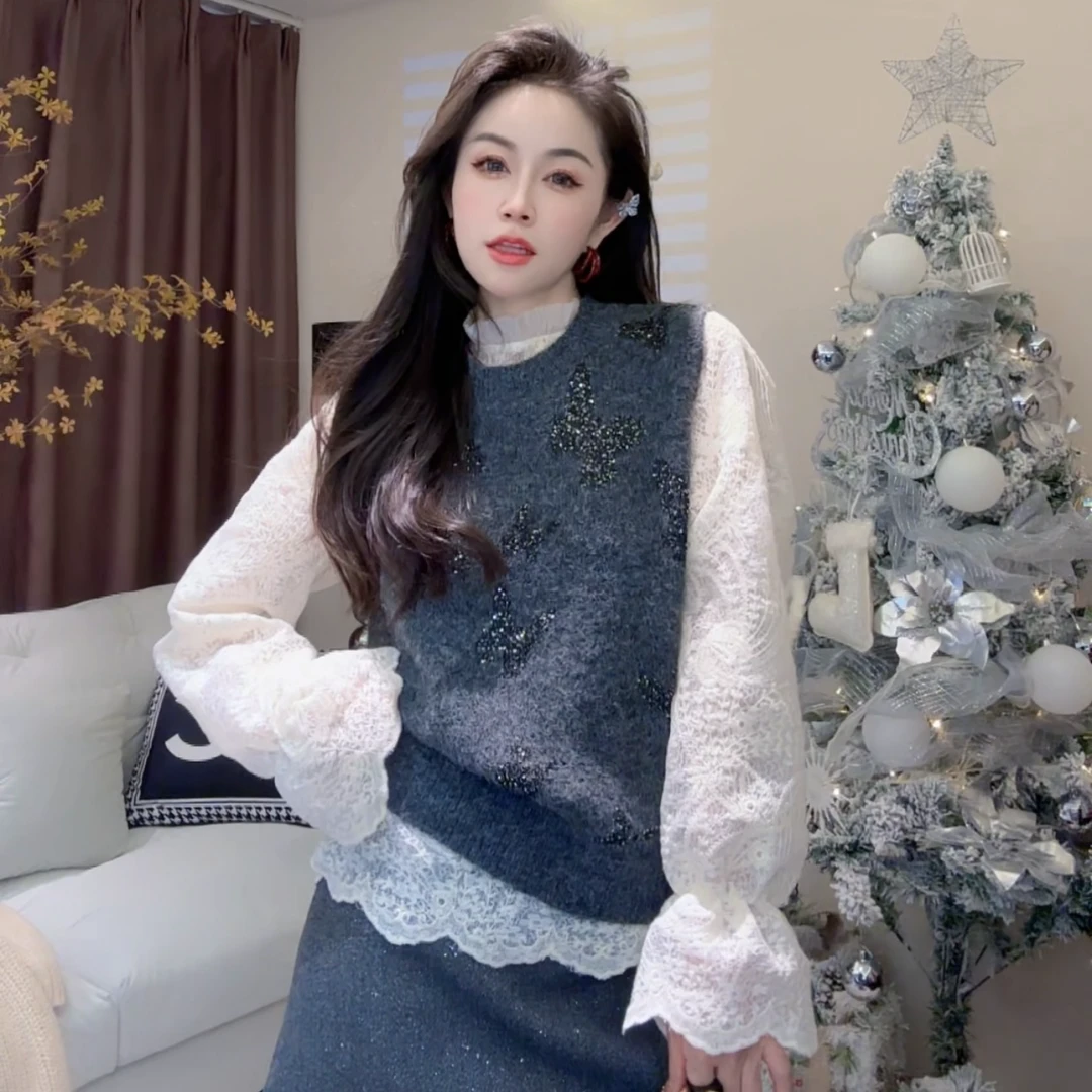 L.X~韩版复古打底衫上衣外搭重工亮片针织衫背心女8296