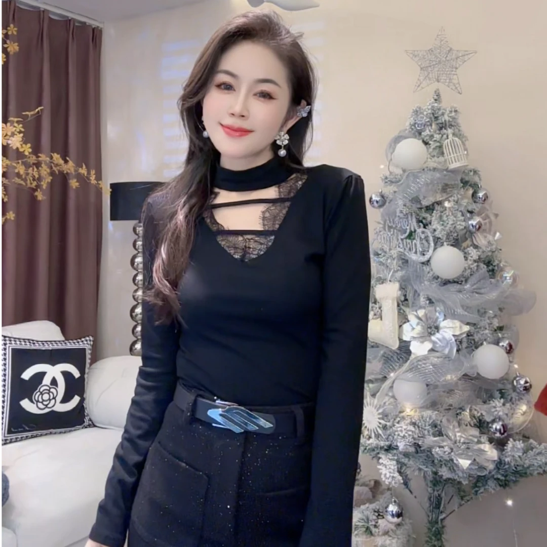 L.X~蕾丝拼接V领长袖针织衫女紧身内搭纯欲风短款打底衫上衣8567