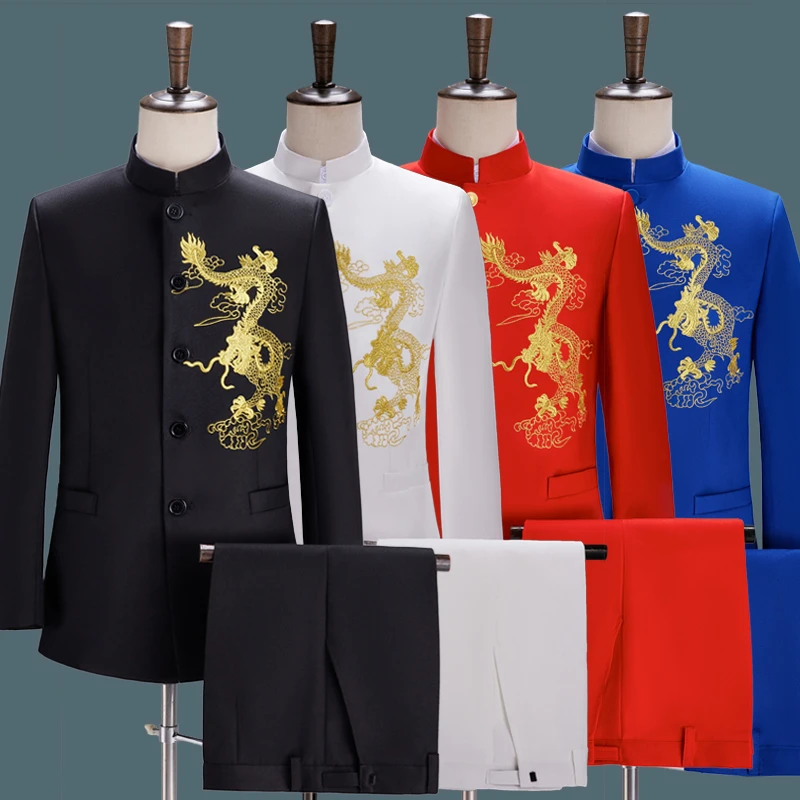 刺绣立领中山装演出服男士大合唱团舞台表演服主持人歌手礼服套装