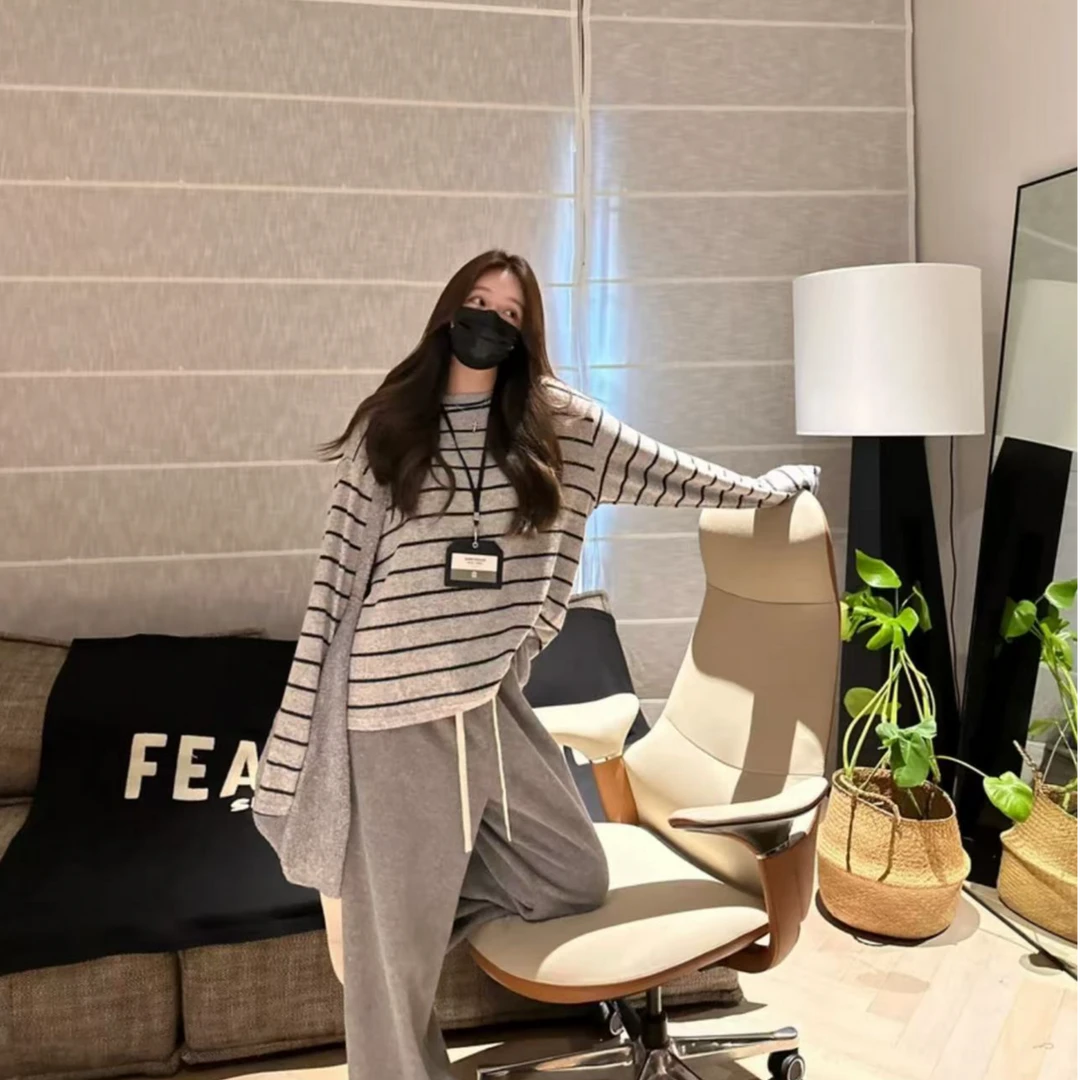 韩版慵懒风浅灰色条纹长袖内搭T恤女宽松打底衫