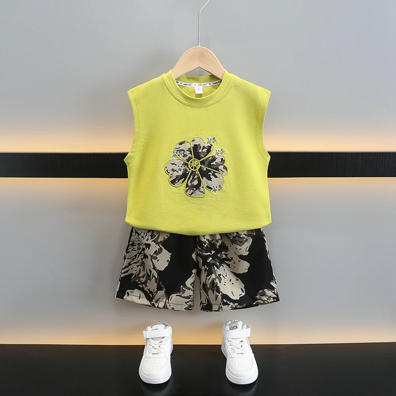 黑花潮帅男童夏装背心套装2025款儿童无袖两件套时髦夏季洋气衣服