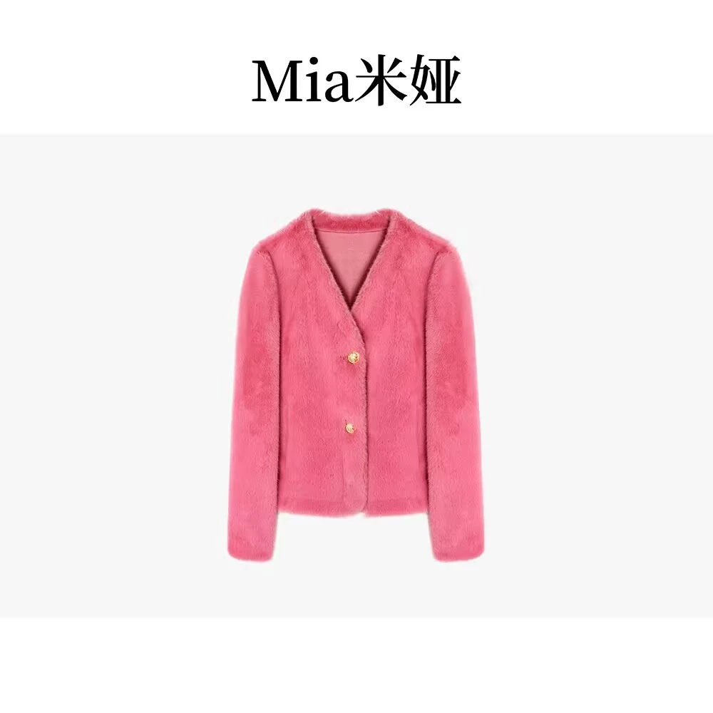 时尚百搭高级感外套宽松休闲V领短款毛毛外套气质