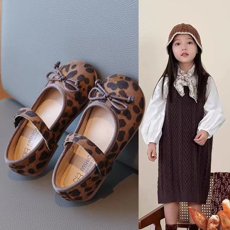 儿童复古豹纹公主鞋女童时尚小皮鞋防滑宝宝鞋春秋款女小童单鞋软
