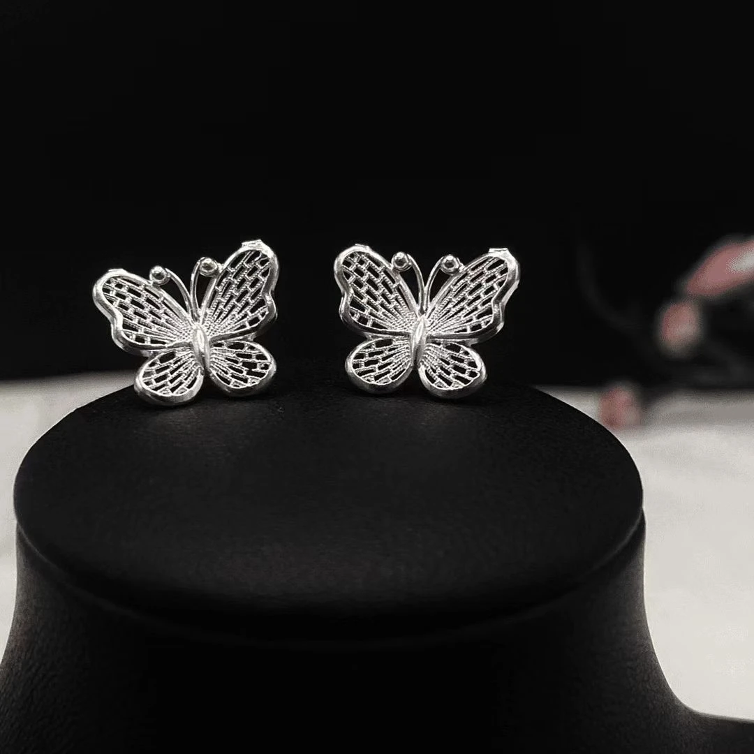 足银耳饰 足银花丝新款蝴蝶耳钉