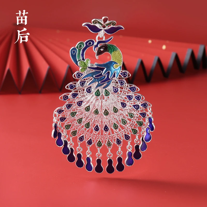 吊坠足银珐琅 足银大号花丝烧蓝凤回头吊坠1046-时尚民族风