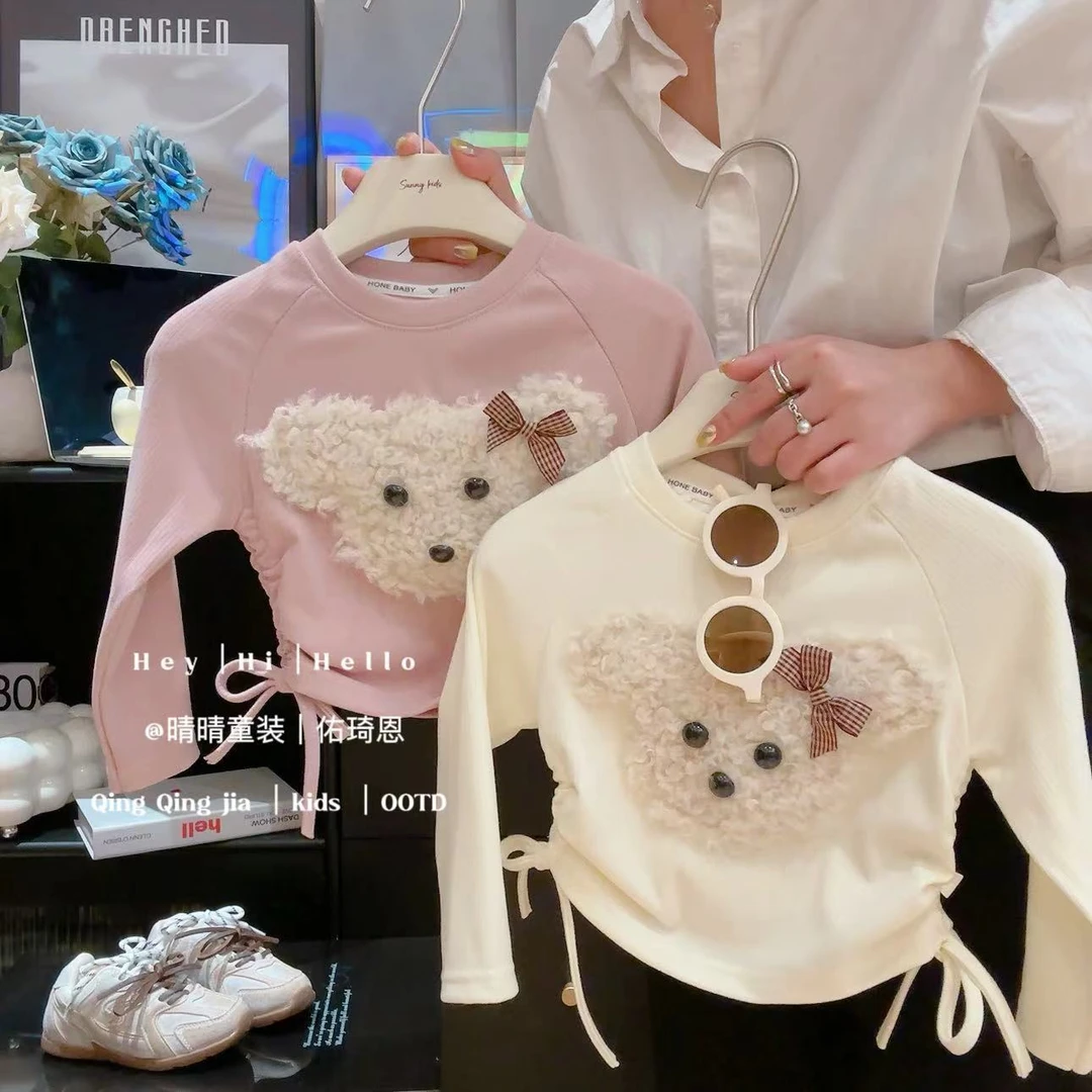 儿童洋气抽绳卡通插肩打底衫男女宝宝打底长袖上衣A春秋