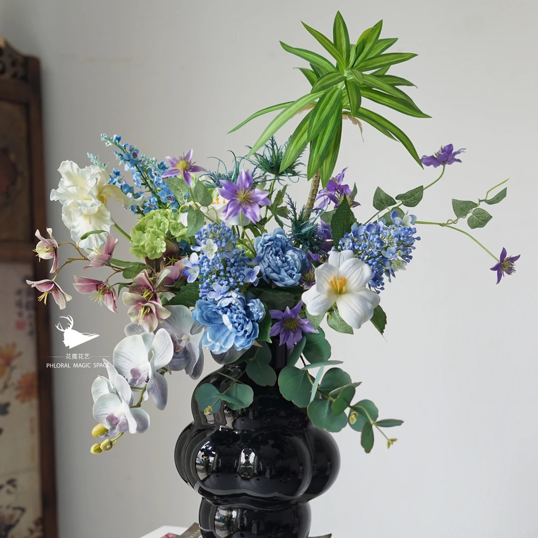 蓝绿色系仿真花花束时尚百搭软装摆件(不含花瓶)