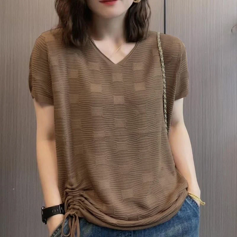 短袖女薄款2025新款女士休闲时尚夏款针织衫纯色上衣打底衫潮
