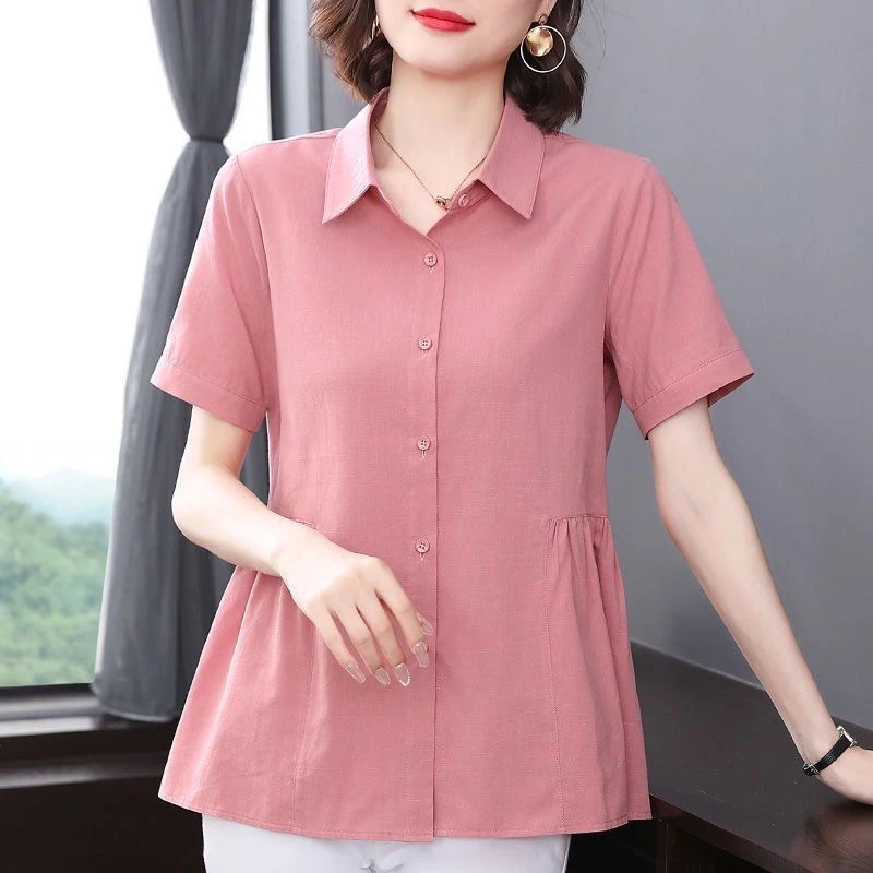 2023夏季新款纯色短袖衬衫女中年妈妈宽松显瘦百搭收腰薄款上衣