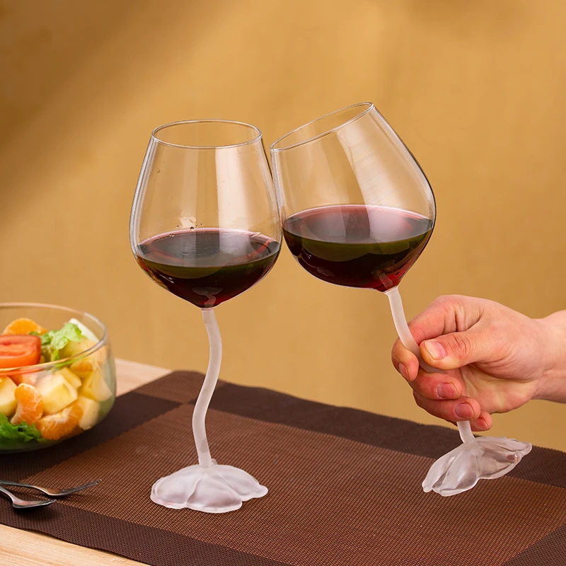 高硼硅玻璃创意玫瑰花底弯曲玻璃红酒杯，个性葡萄酒杯香槟杯透明