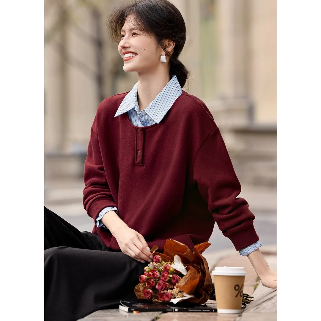 XWI/欣未25秋季新款条纹拼接假两件卫衣红色休闲新年喜气洋洋4361