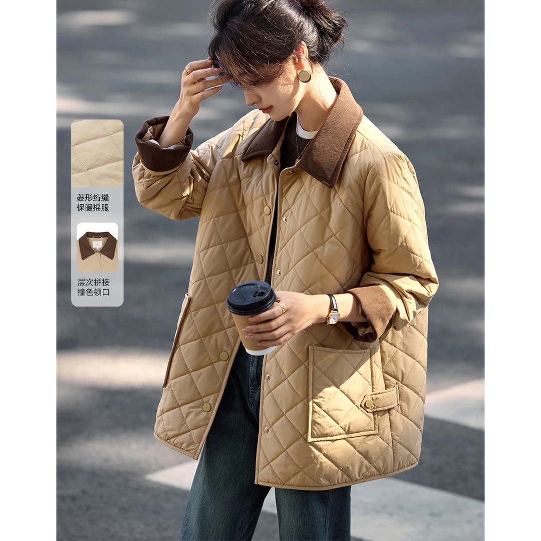 沫晗依美撞色拼接棉服2025早秋穿搭翻领宽松减龄休闲洋气女装6446