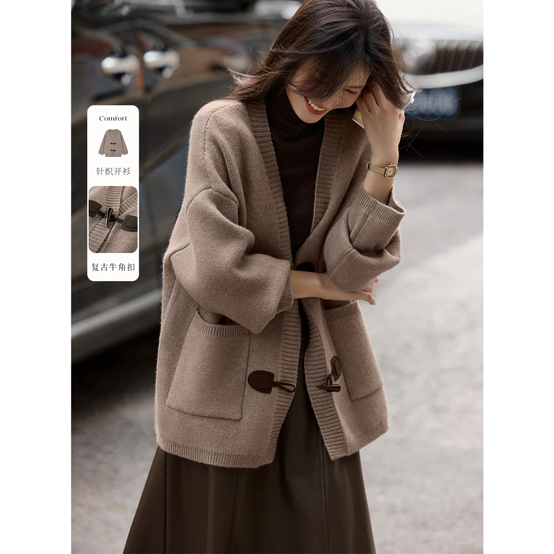 XWI/欣未百搭牛角扣一手长针织开衫外套25秋气质女2072 X4QZ8A026
