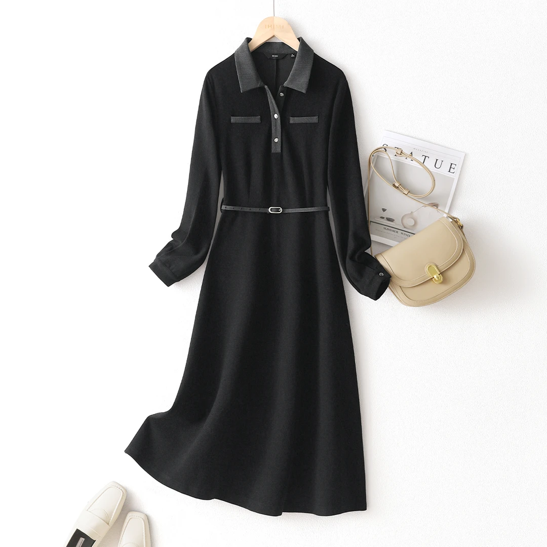 IHIMI/海谧连衣裙2025秋冬新款撞色领通勤衬衫显瘦连衣裙女1339