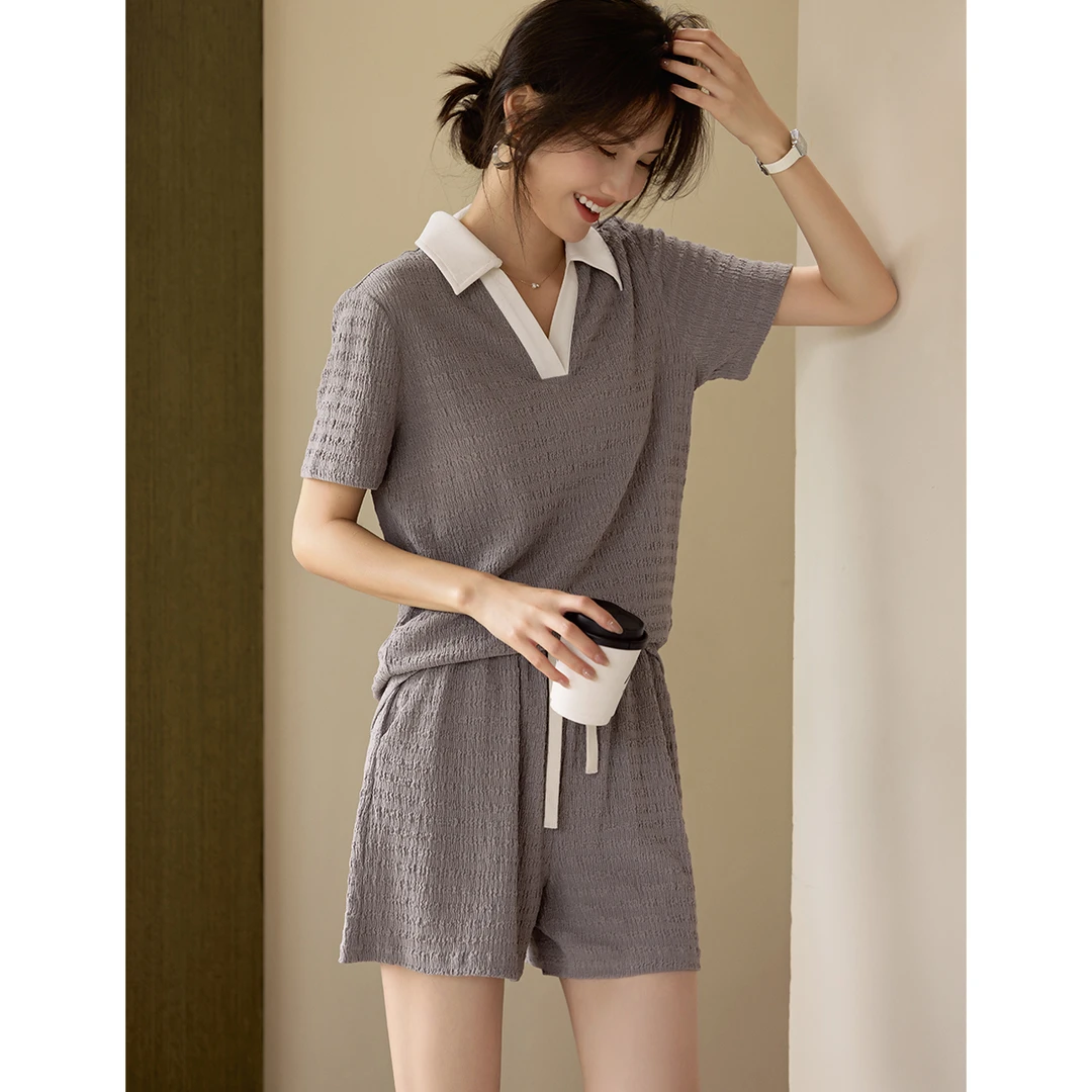 XWI/欣未2025夏季POLO衫拼接套装撞色上衣短裤套装X4XG5B013 7706