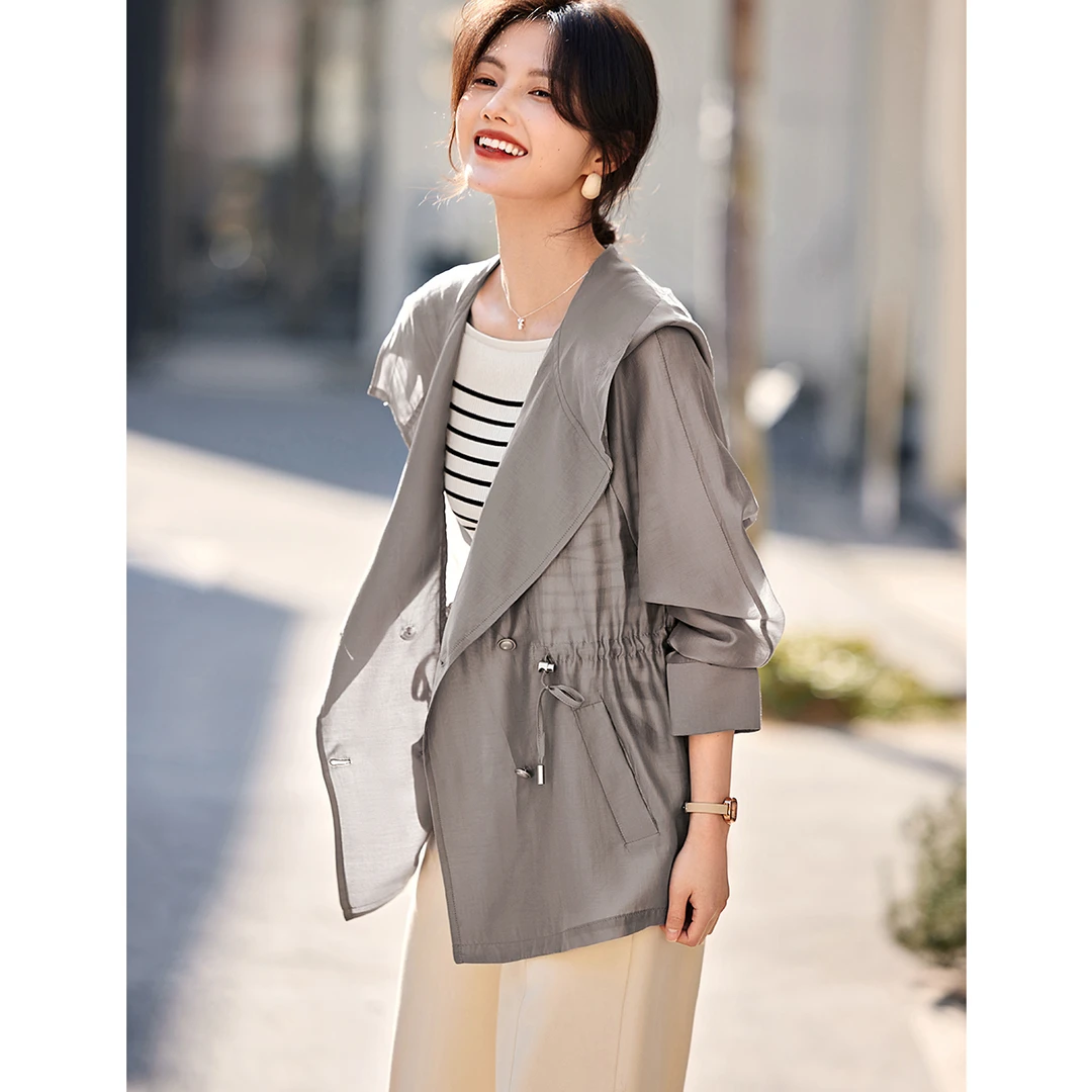 XWI/欣未纯色收腰气质天丝外套2025秋季休闲知性收腰连帽外套7312
