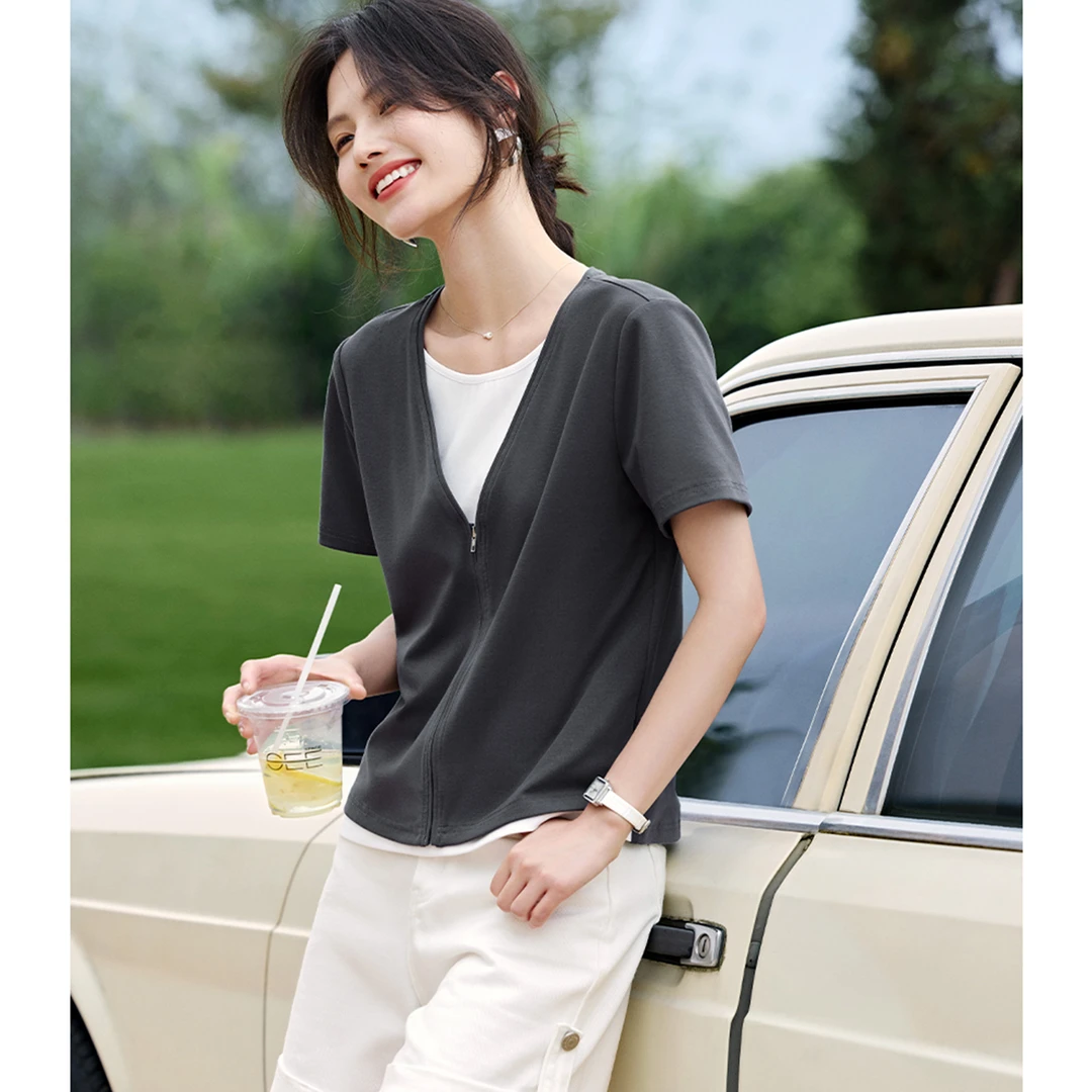 XWI/欣未2025新款轻休闲百搭拉链假两件拼接设计感时尚T恤女8014