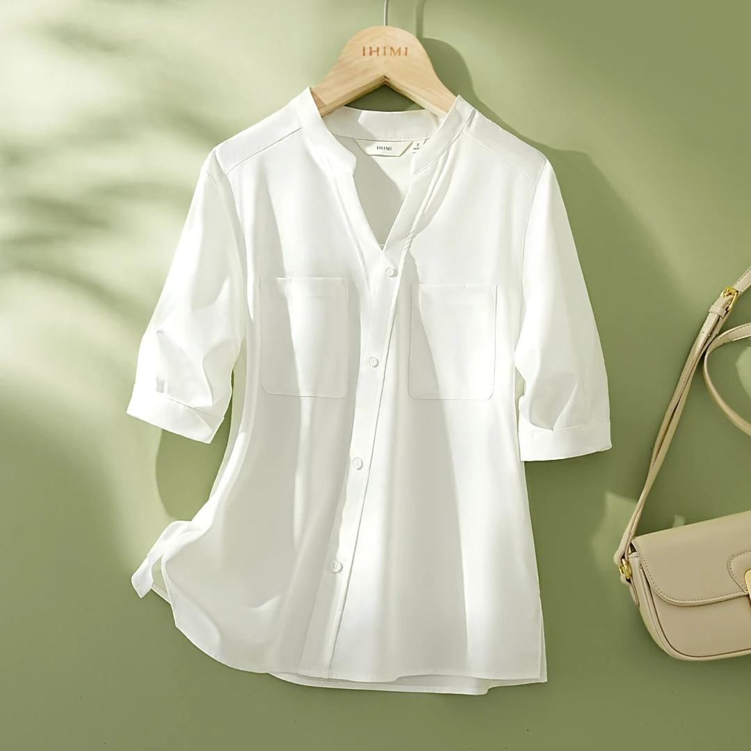 IHIMI/海谧五分袖斜门襟设计感衬衫2025夏新款宽松五分袖衬衫6842