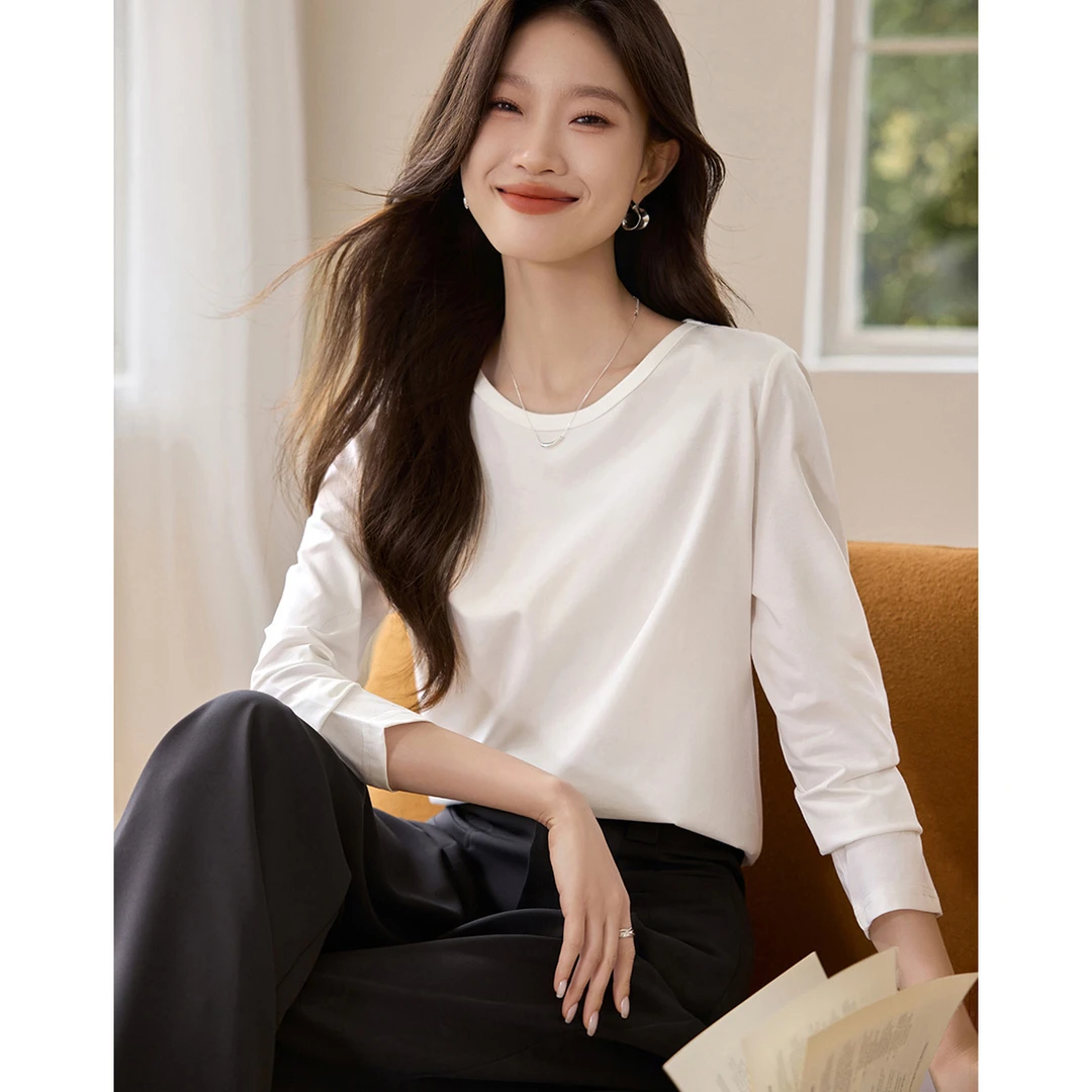 沫晗依美2025秋季基础百搭必备好穿长袖宽松T恤基础百搭长袖3068
