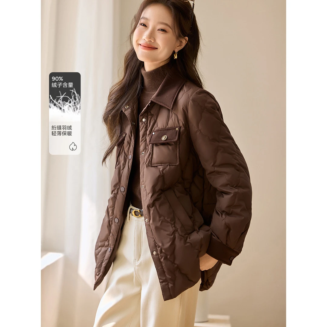 沫晗依美衬衫式保暖羽绒服2025冬季新款呢料拼接花式绗线女装2570