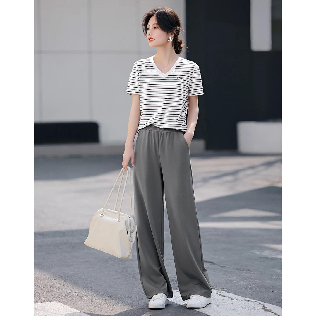 XWI/欣未条纹刺绣套装2025v领短袖阔腿裤舒适两件套装5247