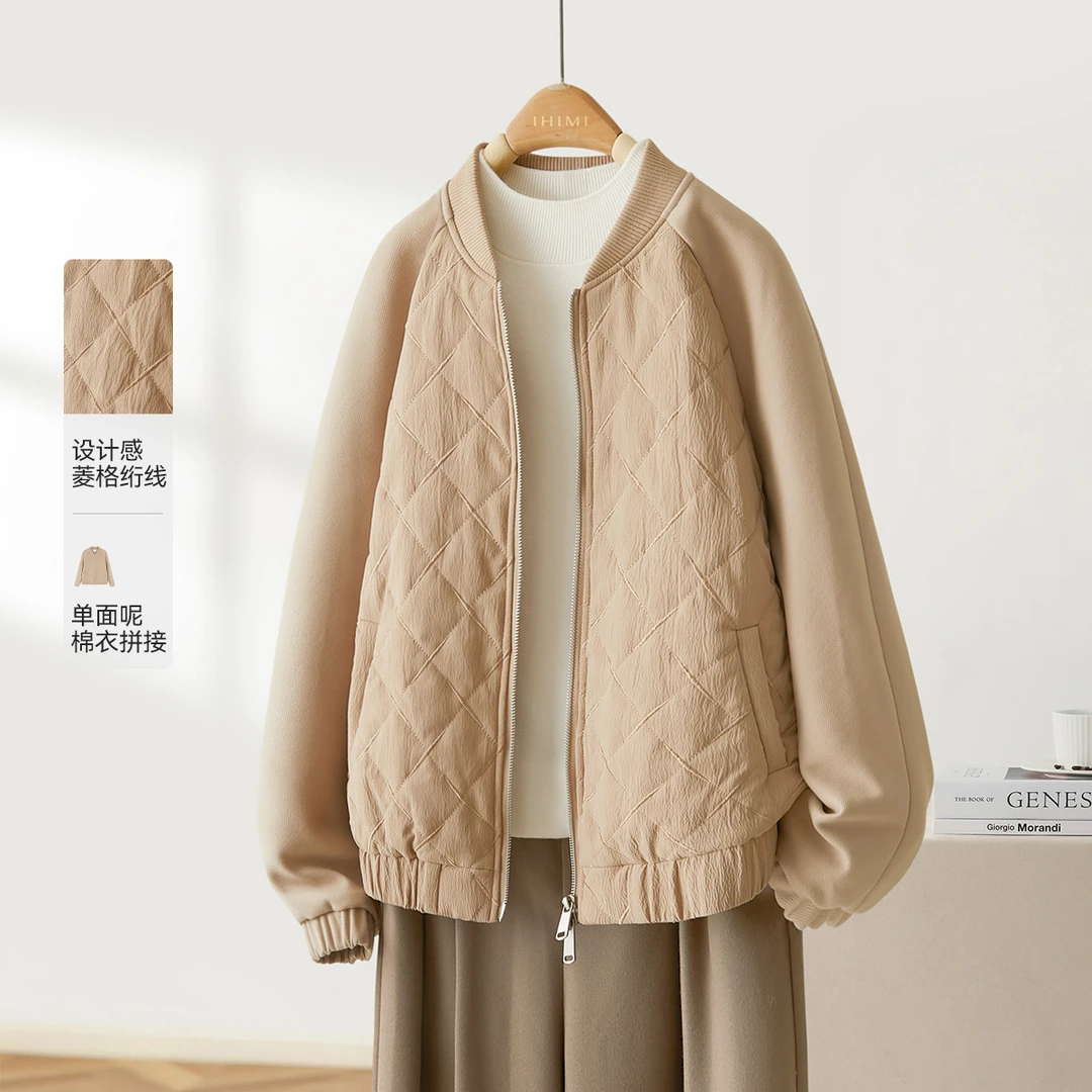 IHIMI/海谧棉衣25冬呢料拼接菱格夹棉外套保暖百搭棒球服保暖4550