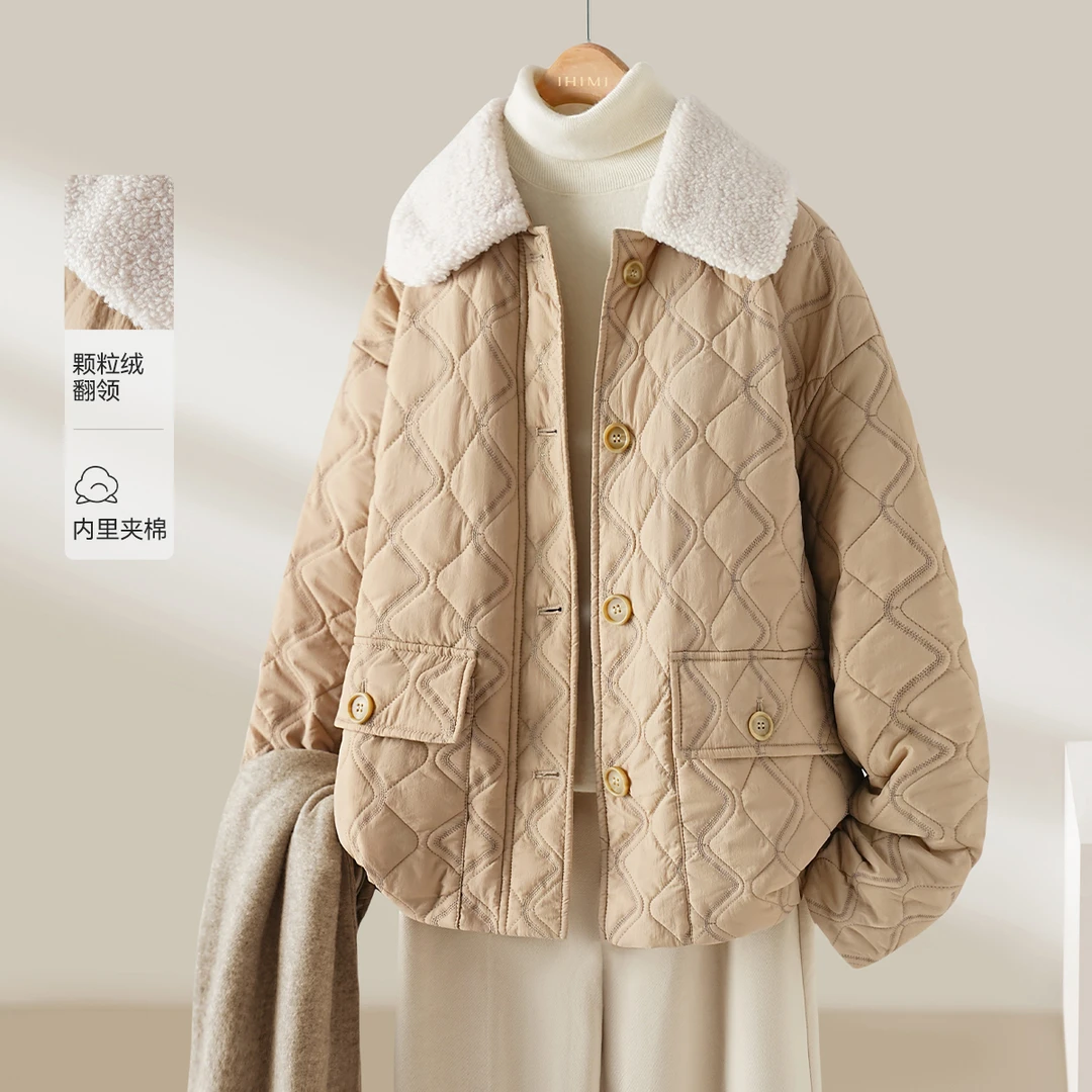 IHIMI/海谧2025冬季女款简约通勤款棉衣翻领毛领绗棉双口袋9419