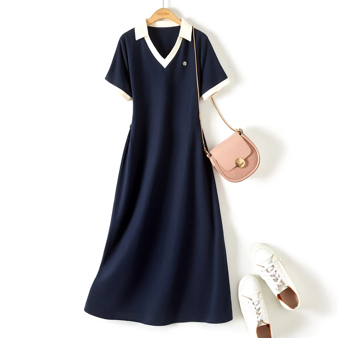 IHIMI/海谧【夏日深蓝】2025夏季撞色新款V领休闲显瘦连衣裙4335