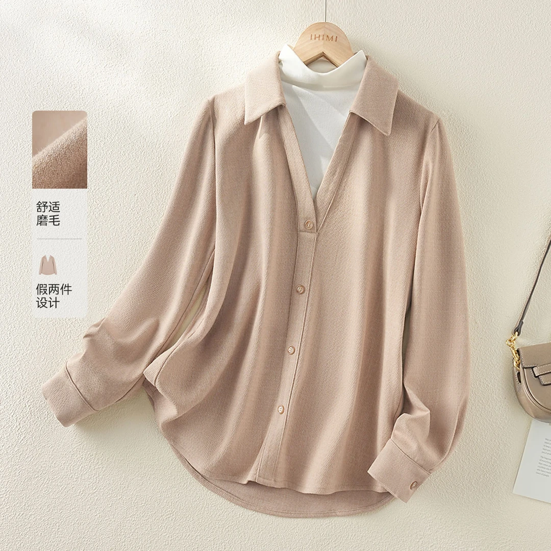 【直播】艺术画染24冬必入半高领简约衬衫假两件职场衬衫3015