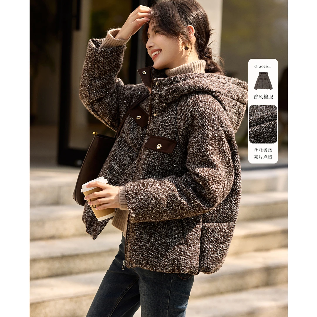 XWI/欣未小香风面料装饰袋盖设计短款棉衣24冬季新款休闲棉服5340