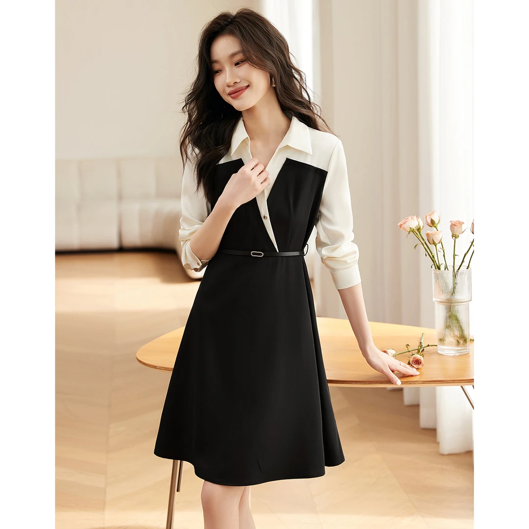 沫晗依美24秋季简约百搭优雅通勤假两件收腰连衣裙气质显瘦9071