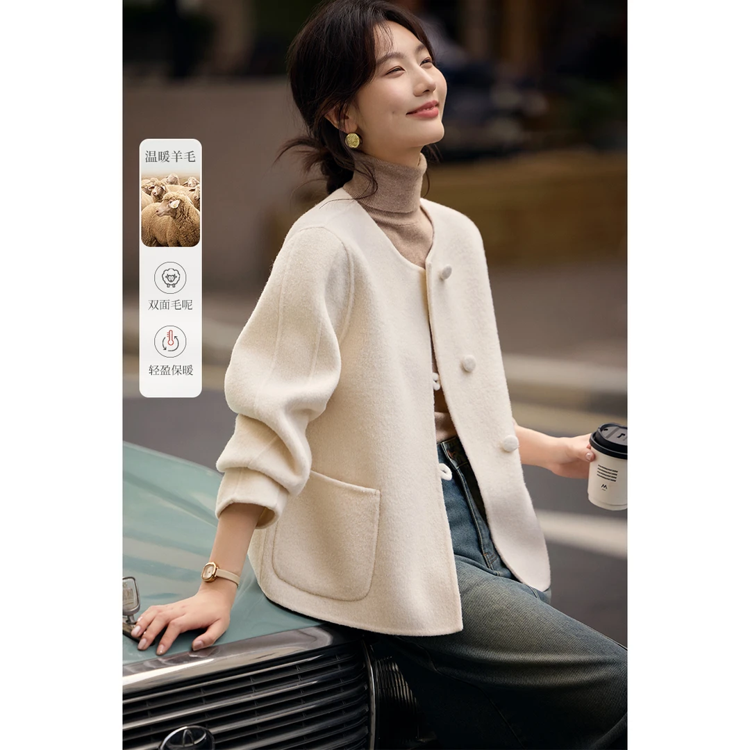 XWI/欣未厢式包扣设计圆领短款手工双面毛呢大衣24秋冬毛呢3509