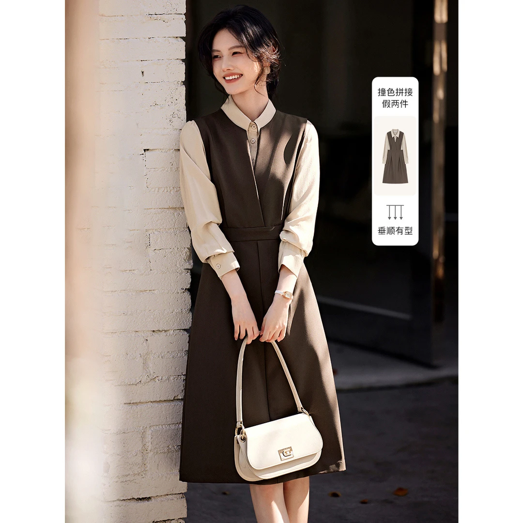 XWI/欣未2025初秋撞色拼接假两件通勤连衣裙优雅气质女连衣裙8163
