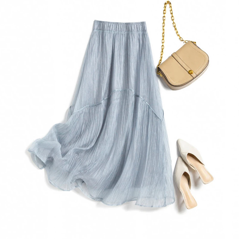 IHIMI/海谧褶皱网纱拼接裙女25夏季新款优雅气质飘逸中长半裙4539