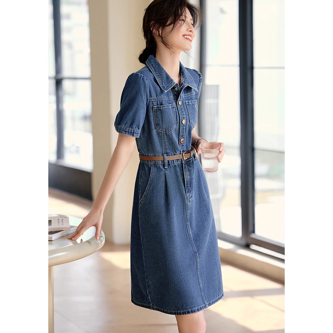 XWI/欣未百搭通勤爱心刺绣牛仔连衣裙25显瘦牛仔短袖连衣裙5584
