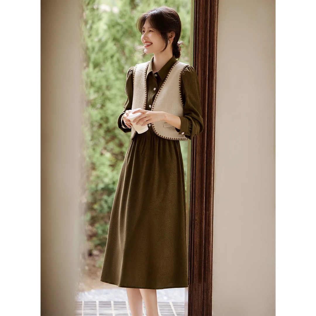 XWI/欣未优雅精致刺绣边马甲衬衫领连衣裙套装2025秋冬季气质套装