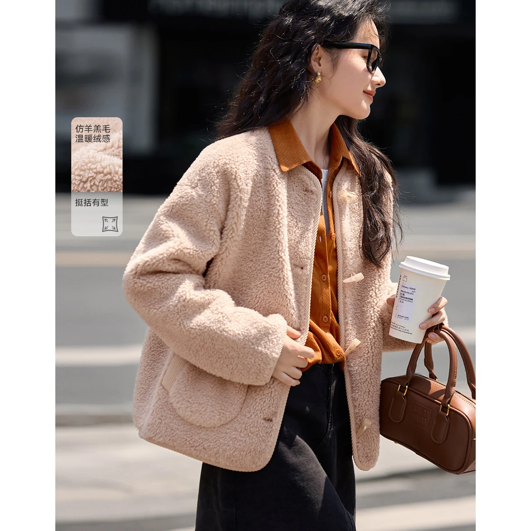 沫晗依美2025冬季灯芯绒复合外套休闲日系保暖舒适仿羊羔毛7553